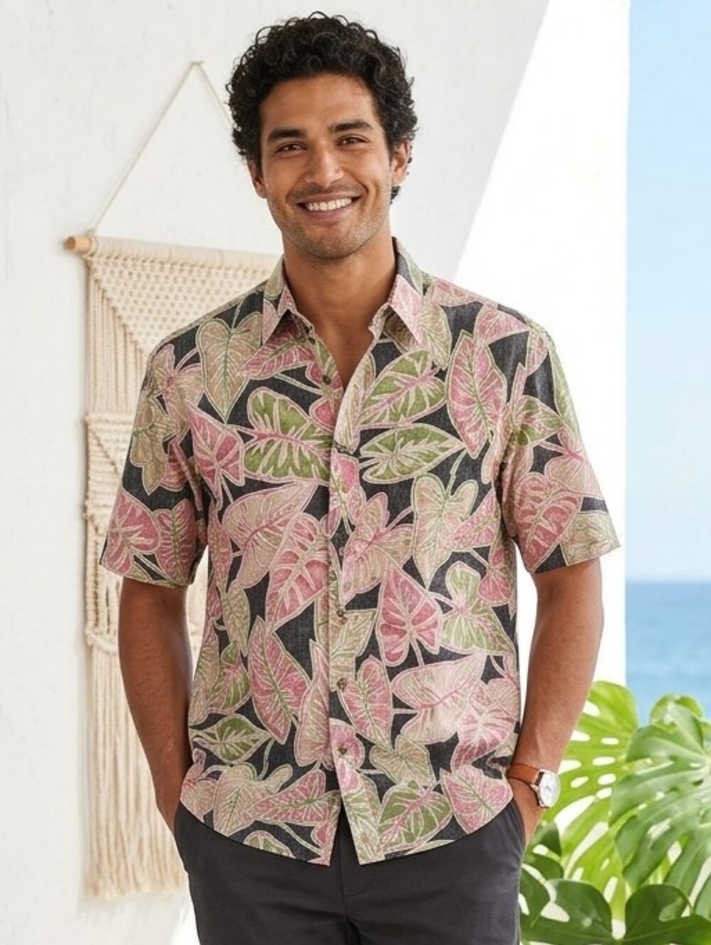 Aloha Hawaiian Black Tropical Short Sleeve Cotton Button Front Shirt Men's M